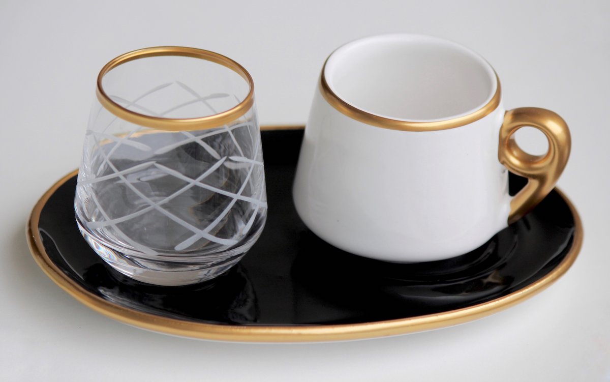 Black & White Turkish Coffee Cups W/Water Glass Set