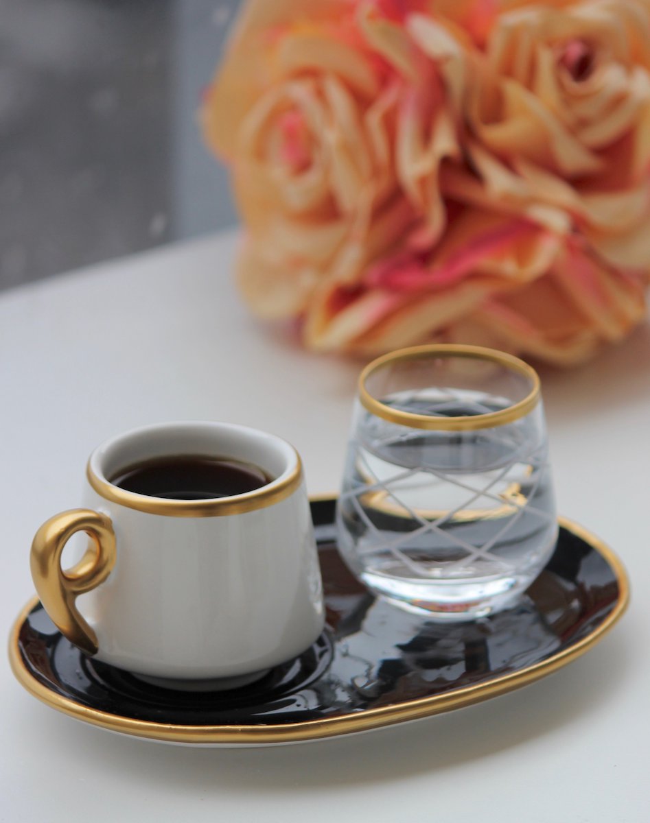 Black & White Turkish Coffee Cups W/Water Glass Set