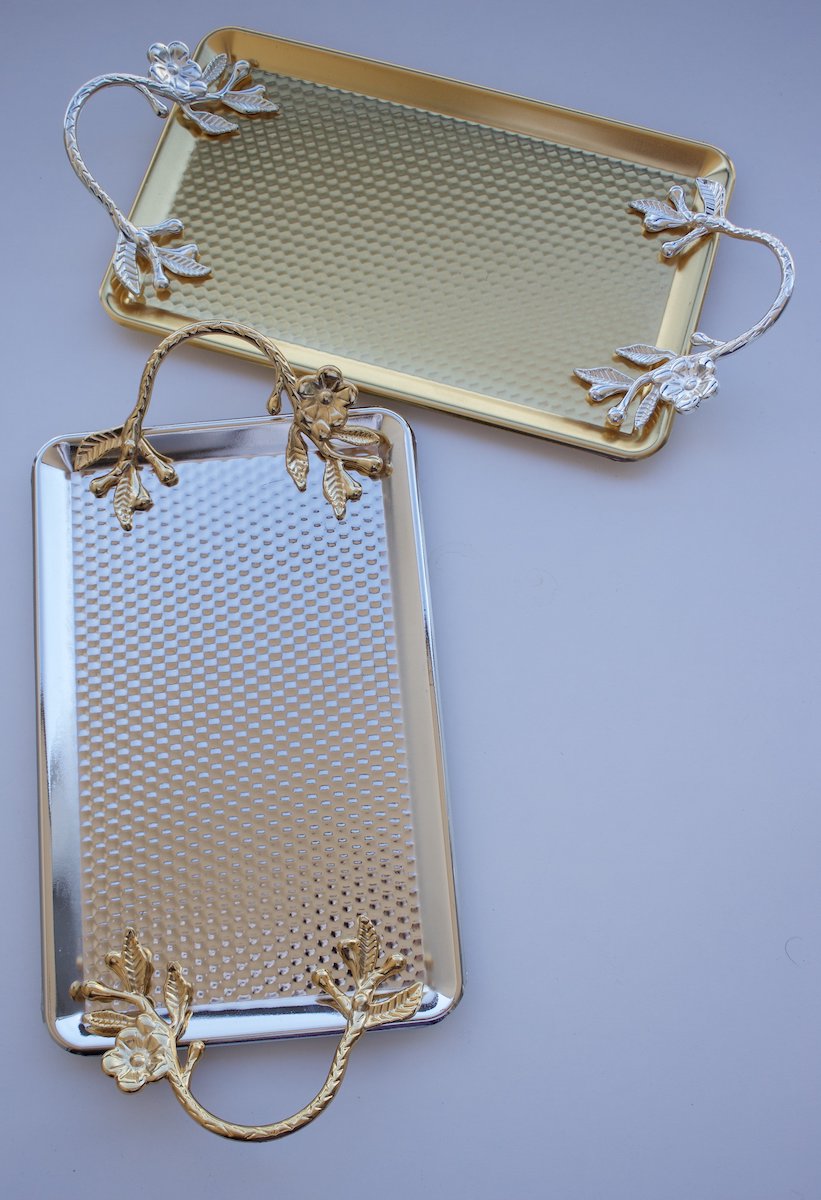 Silver & Gold Metal Serving Tray W/Handles