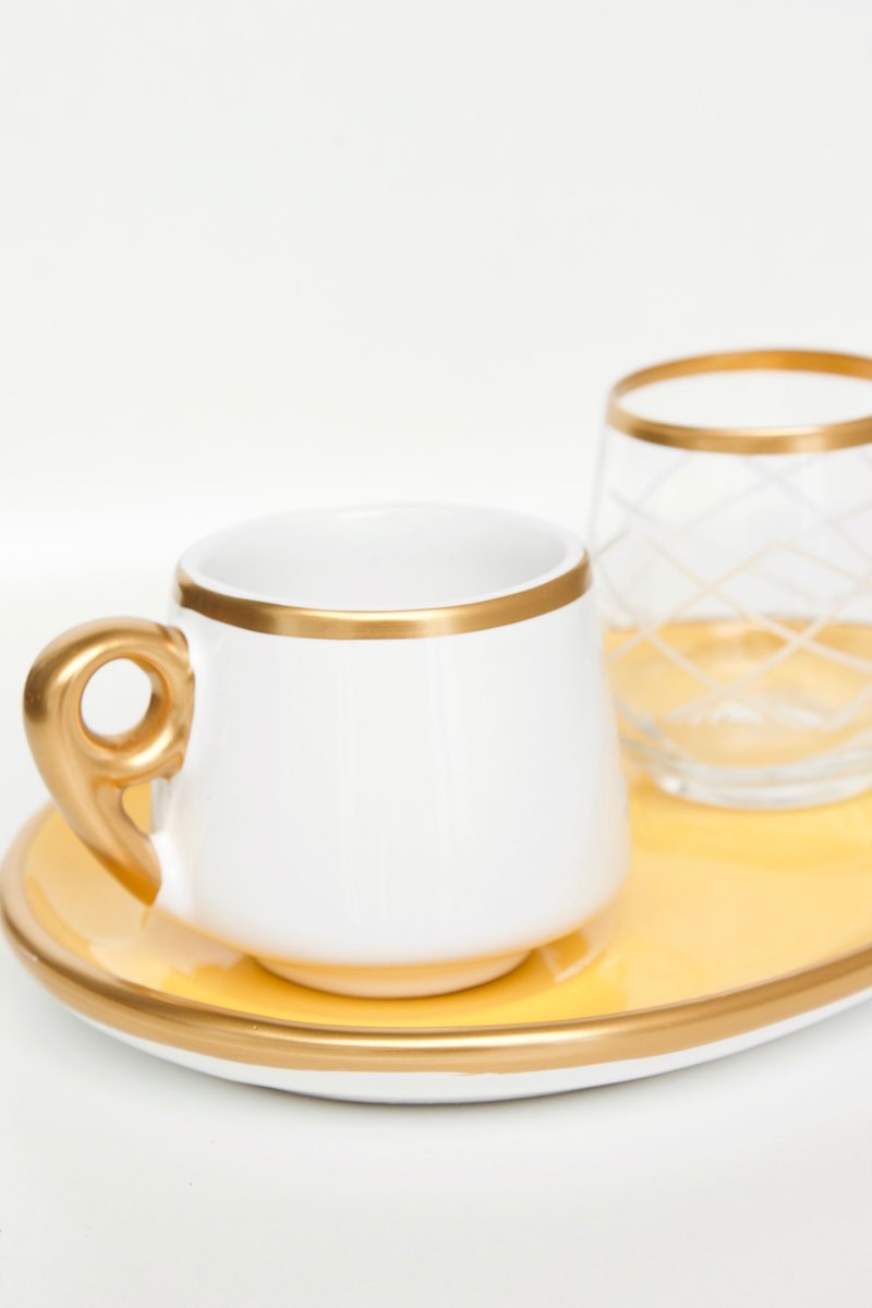 Yellow and White Turkish Coffee Cups W/Water Glass Set