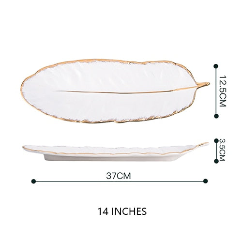 White Golden Leaf Shaped Plate Large