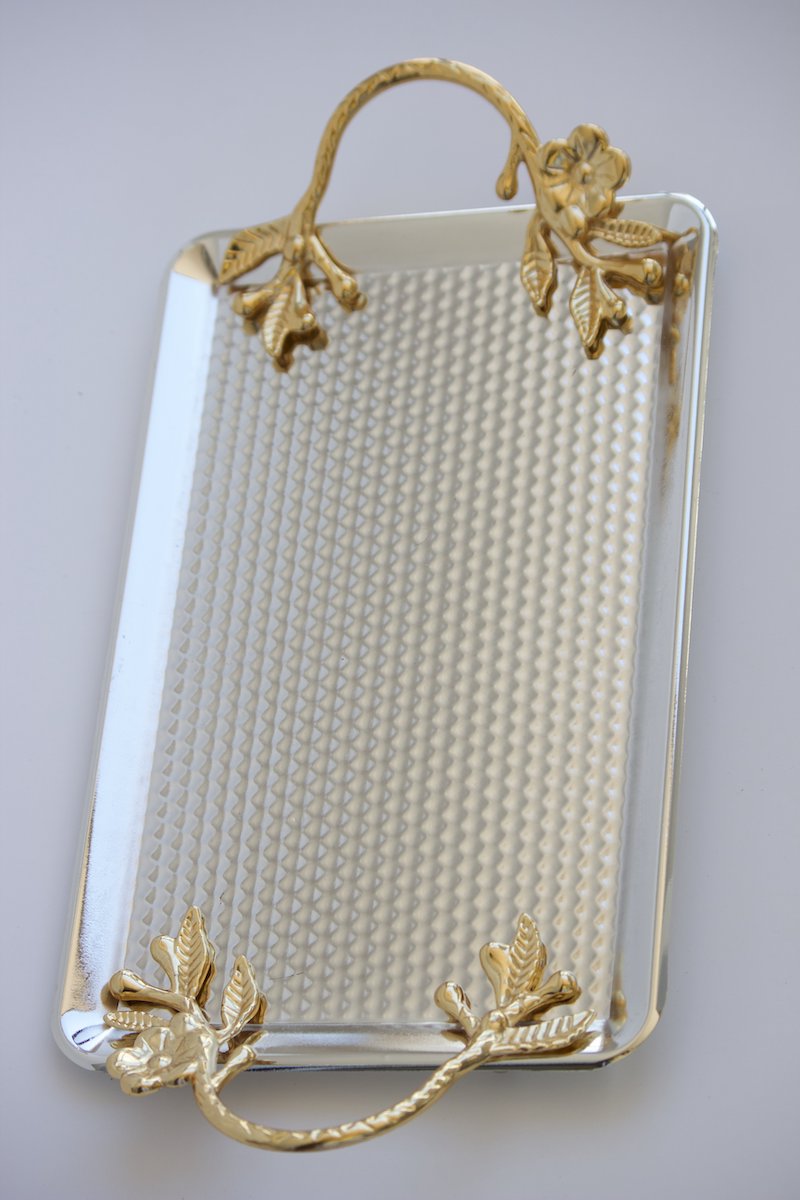 Silver & Gold Metal Serving Tray W/Handles