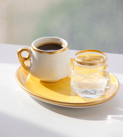 Yellow and White Turkish Coffee Cups W/Water Glass Set