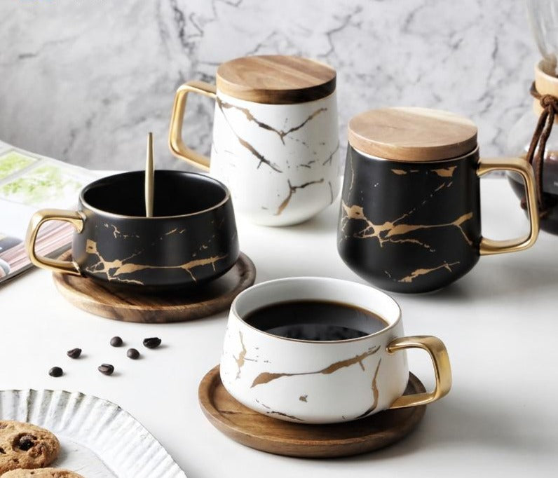 Marble Ceramic Golden Mug W/Wooden Saucer