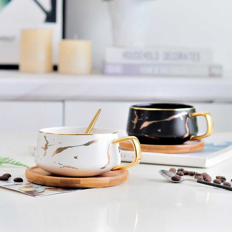 Marble Ceramic Golden Mug W/Wooden Saucer