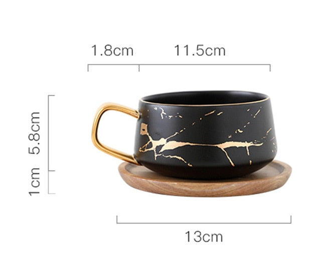 Marble Ceramic Golden Mug W/Wooden Saucer