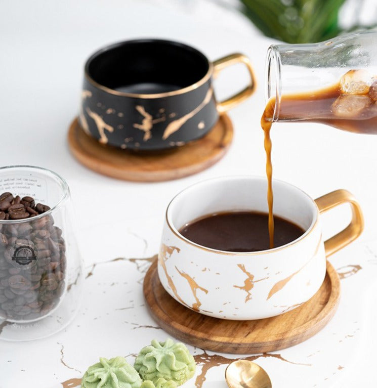 Marble Ceramic Golden Mug W/Wooden Saucer